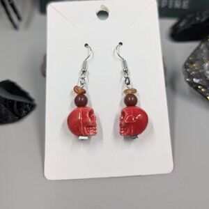 Handmade Gemstone & Ceramic Skull Drop Earrings